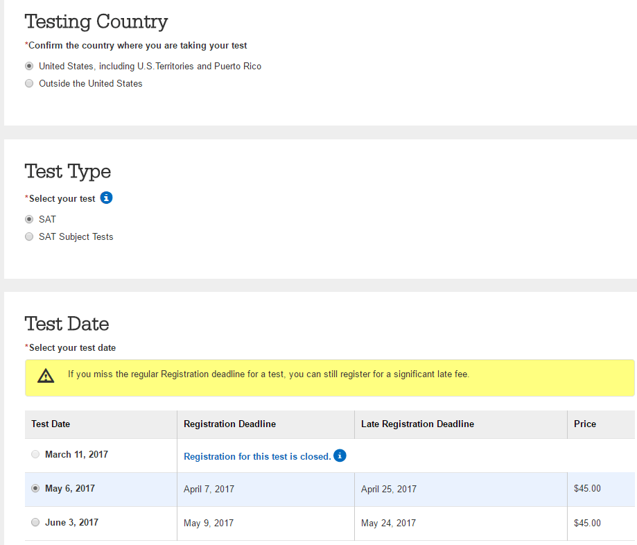 SAT Registration in US